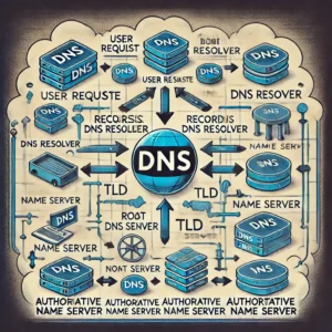 The flow of a DNS query, from a user's request to retrieving the final IP address.